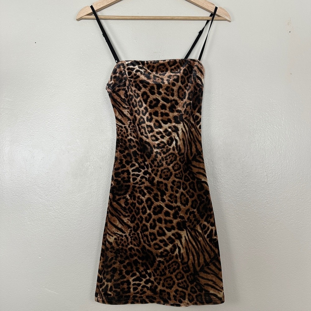 Tiger Mist Women's S Mini Dress Brown Leopard Tiger Print Open Back Velvet NEW